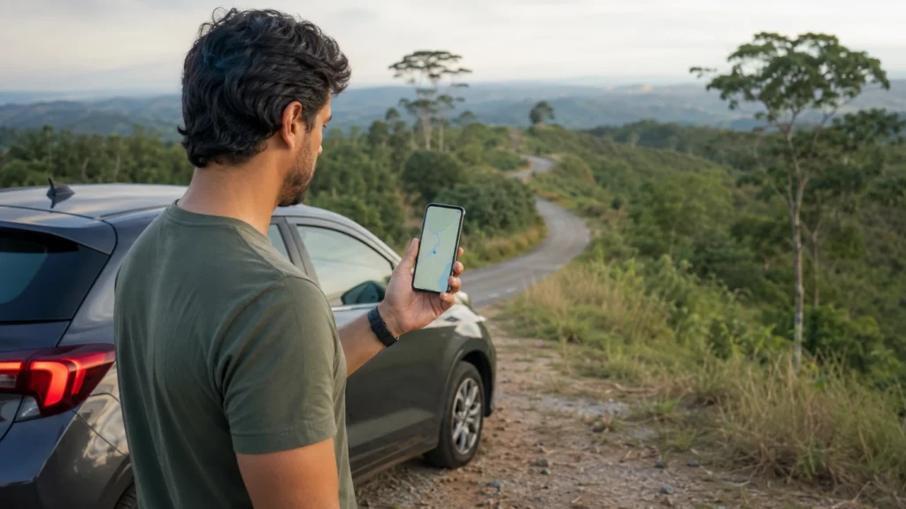 Pessoa segurando celular com mapa genérico durante viagem em região de sinal fraco