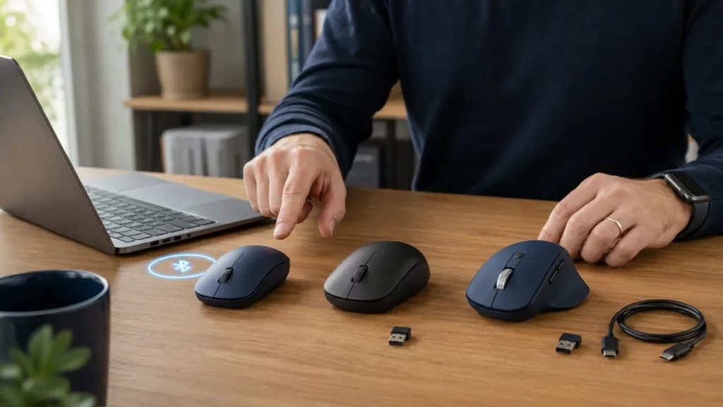 Três mouses sem fio representam conexão Bluetooth, receptor USB e modo duplo.