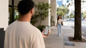 Pessoa compartilha localização temporária pelo celular em uma rua urbana.