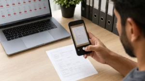 Como digitalizar documentos pelo celular. Pessoa digitaliza um documento de papel usando a câmera do celular.