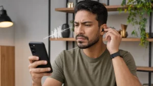 Pessoa percebe falhas de áudio em um fone Bluetooth conectado ao celular.
