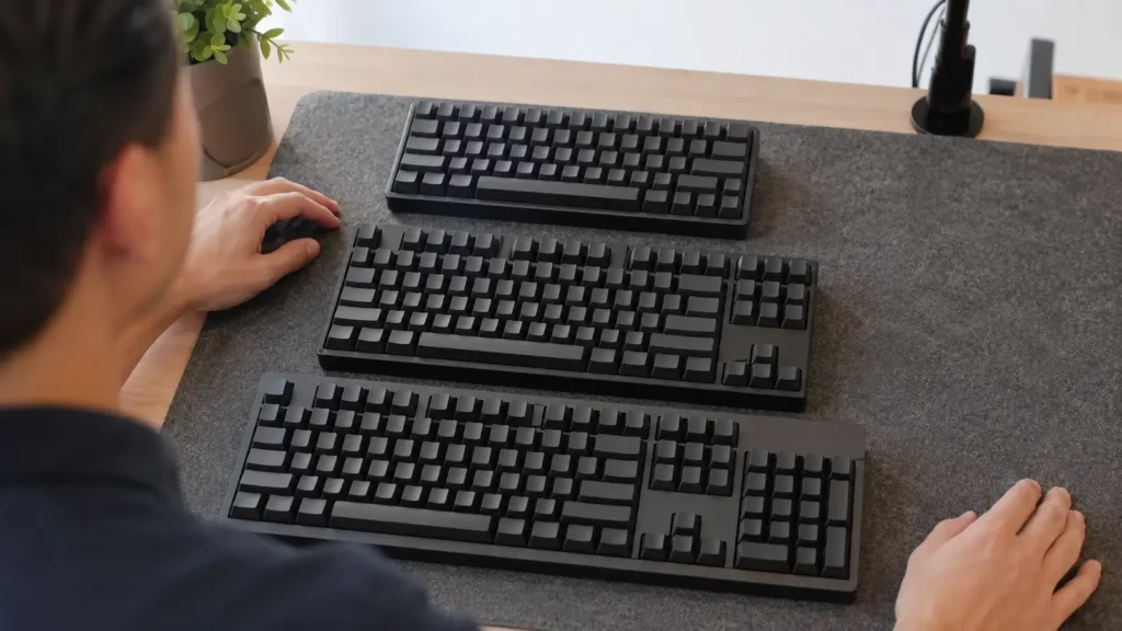 Comparação entre teclados compacto, TKL e tradicional em uma mesa.