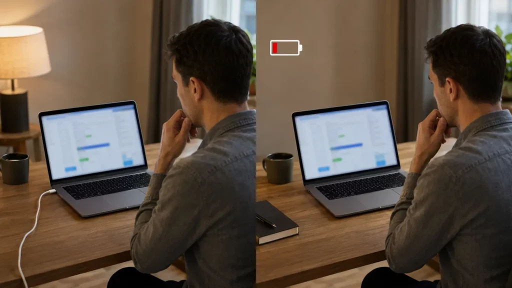 Usuário comparando a mesma tarefa no notebook com e sem carregador.