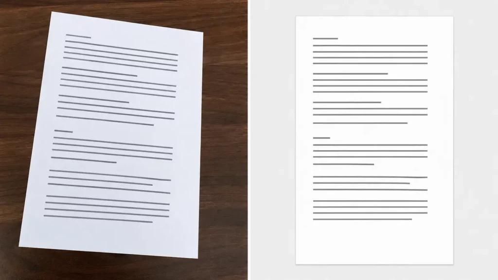 Como digitalizar documentos pelo celular. Comparação visual entre uma foto torta e um escaneamento corrigido.