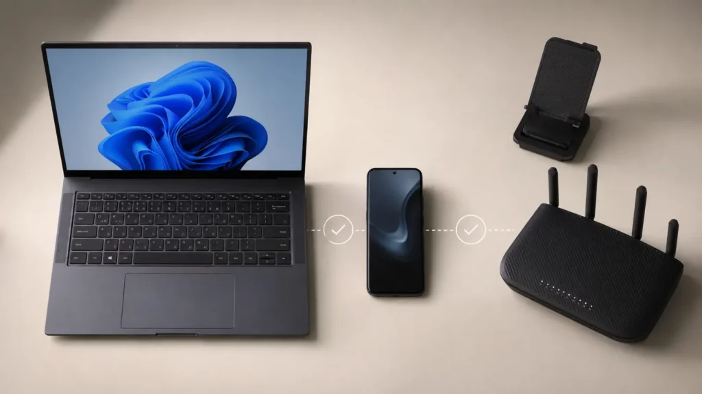 Como usar o celular Android como webcam no Windows 11. Notebook, celular Android, suporte e roteador preparados para configuração.