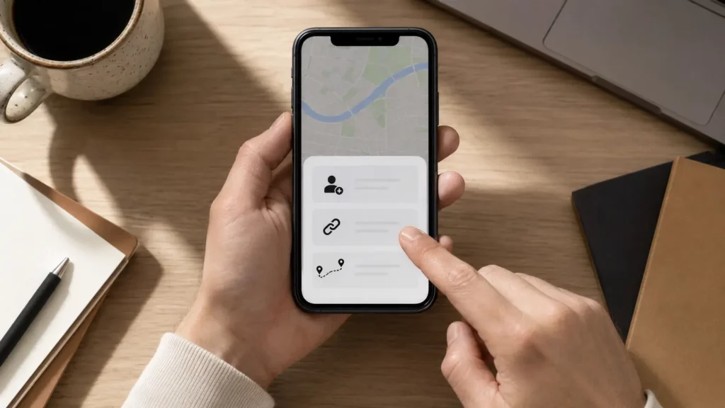 Celular mostra opções visuais para compartilhar localização por contato, link ou viagem.