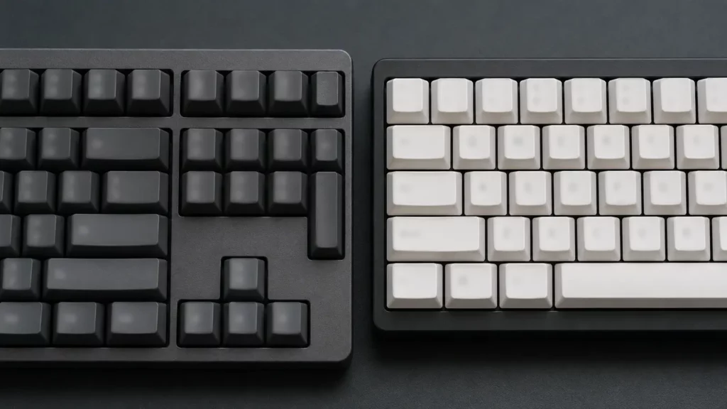 Dois teclados mostram diferenças físicas entre layouts brasileiro e americano.