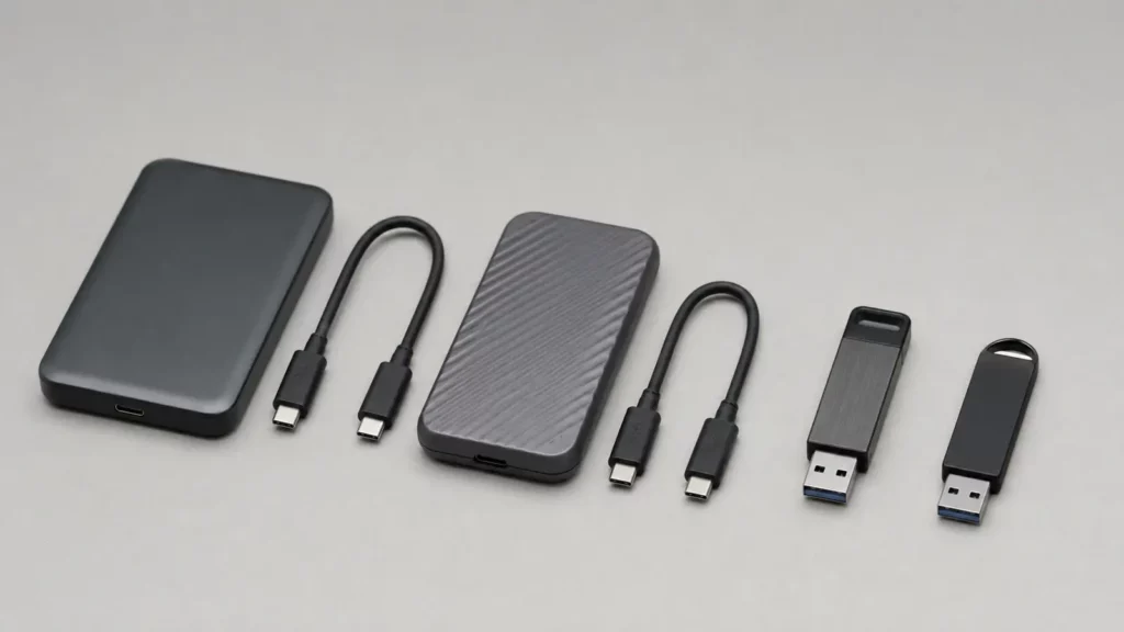Dois SSDs portáteis e dois pendrives representam os perfis comparados.