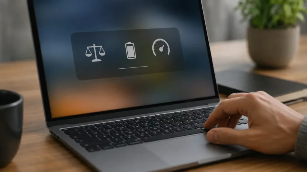 Notebook mostrando controles genéricos de eficiência e desempenho.