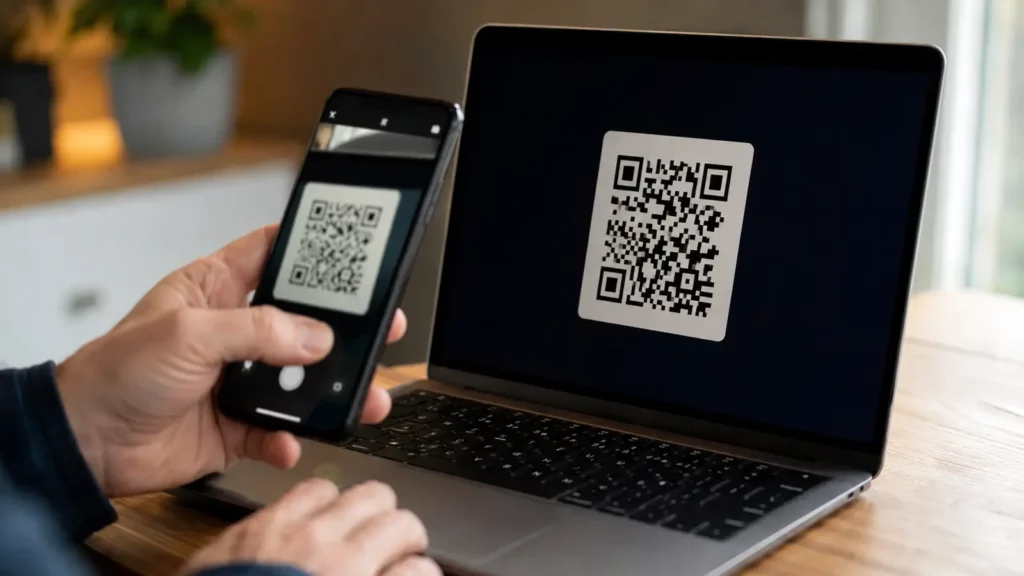 Pessoa lê um QR Code no notebook para vincular o celular.