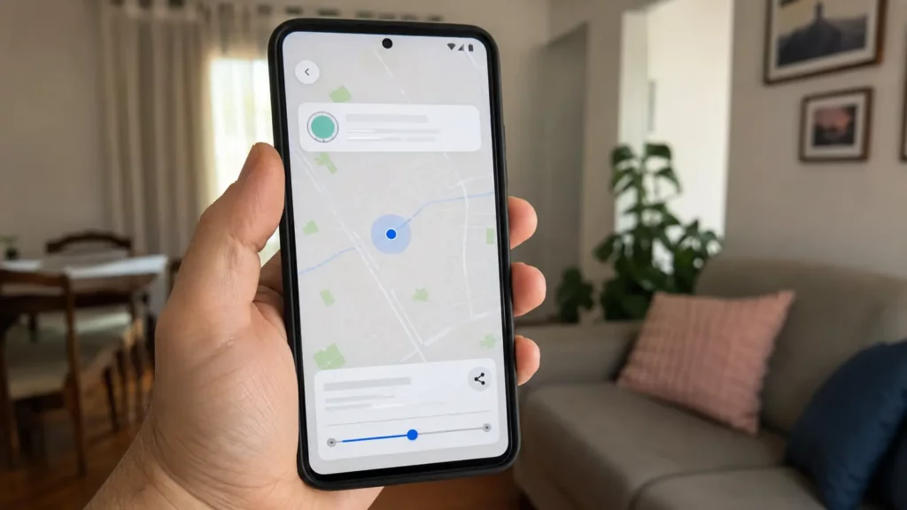 Celular Android com mapa genérico e controle visual de tempo de compartilhamento.
