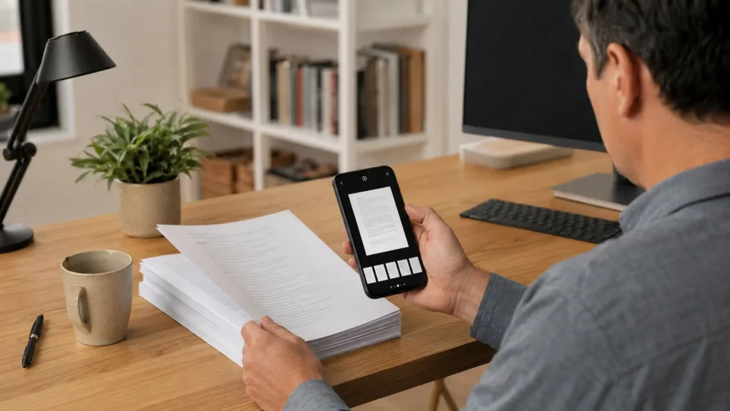 Pessoa digitaliza várias folhas em sequência para criar um único PDF.