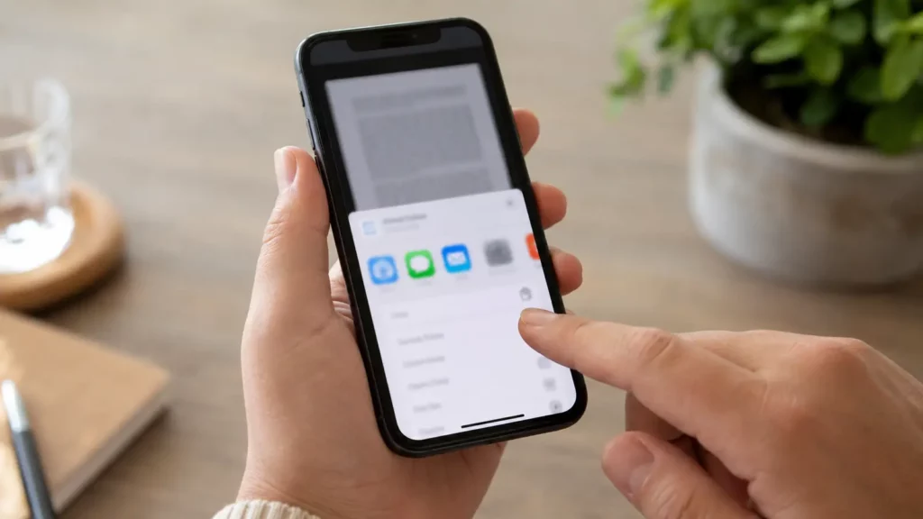 iPhone com uma página sendo convertida em PDF pelo compartilhamento.