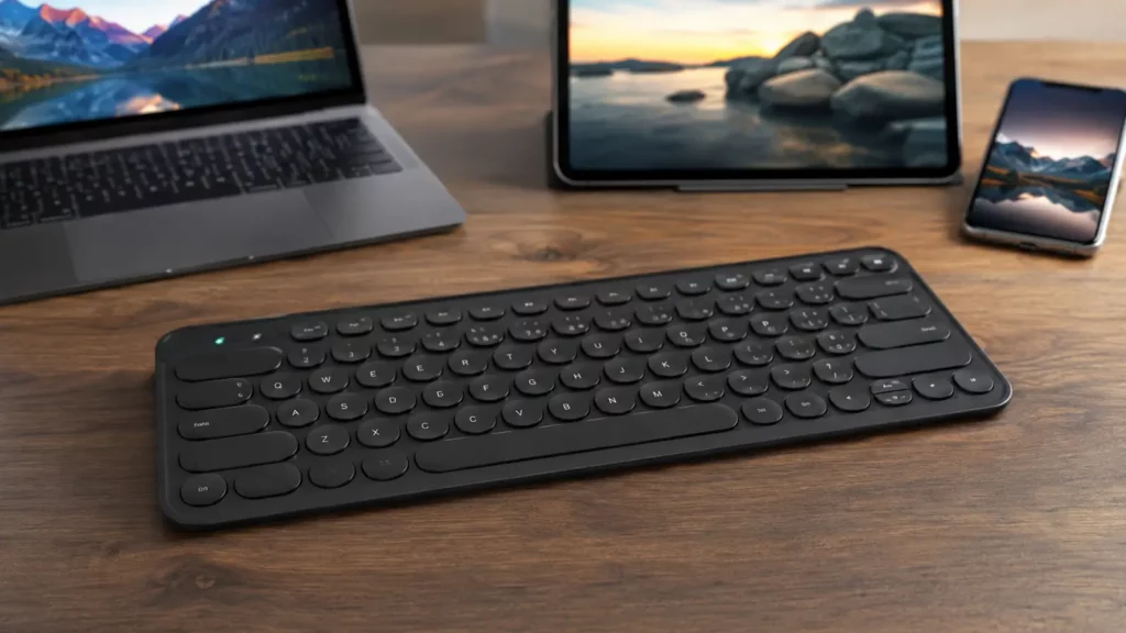 Teclado compacto Bluetooth alterna entre notebook, tablet e celular.