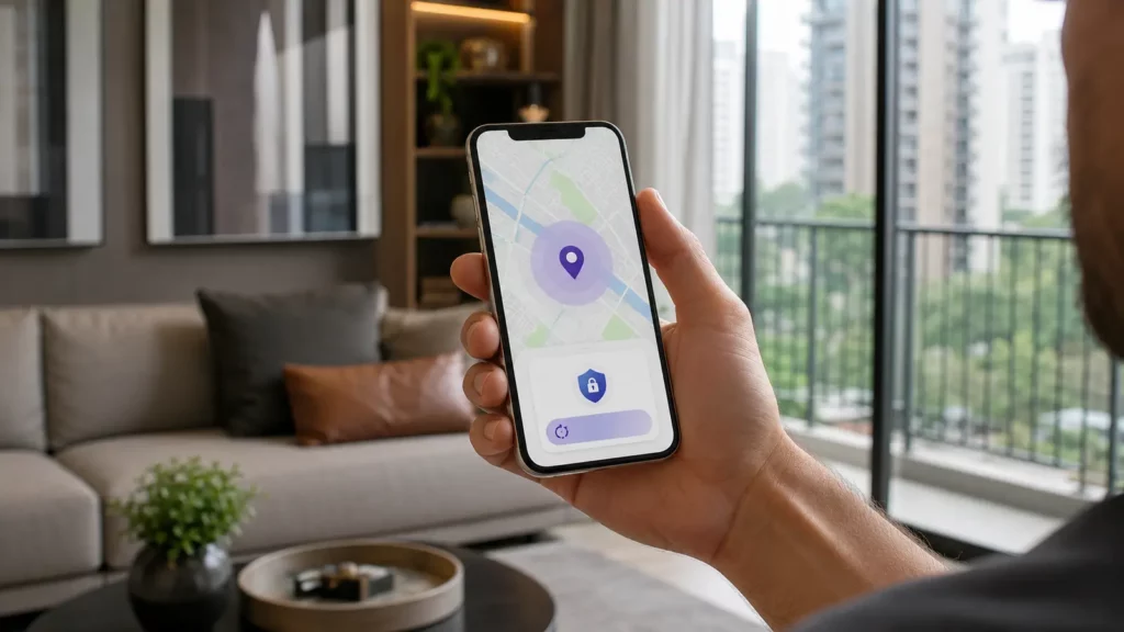 Pessoa configura localização temporária em um iPhone com mapa genérico.