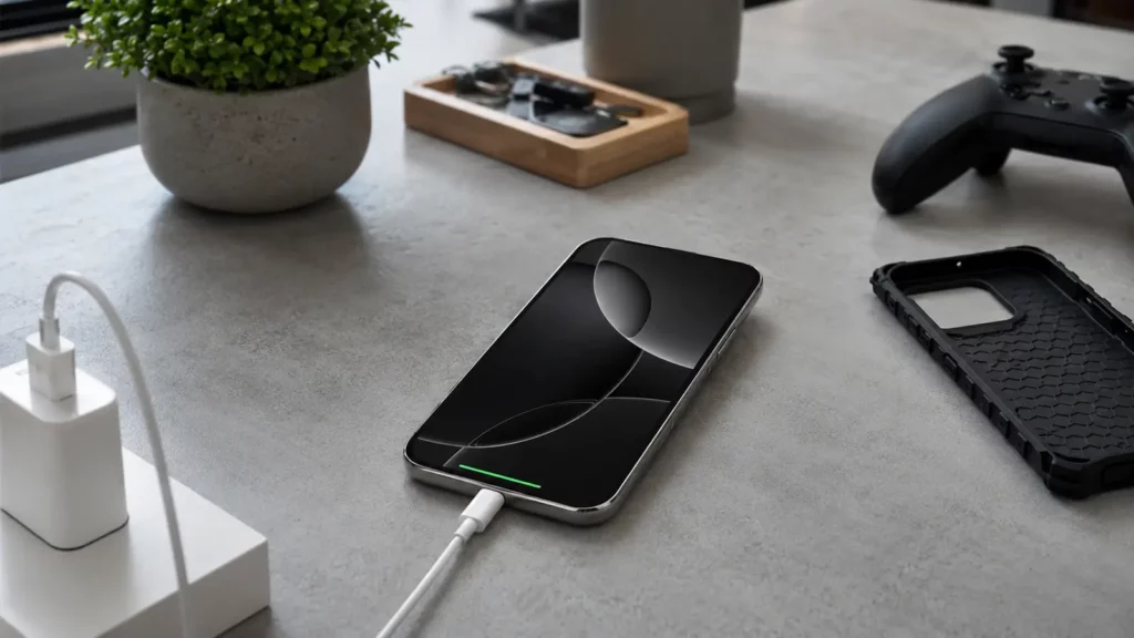 Celular carrega com tela bloqueada e carregador ventilado.