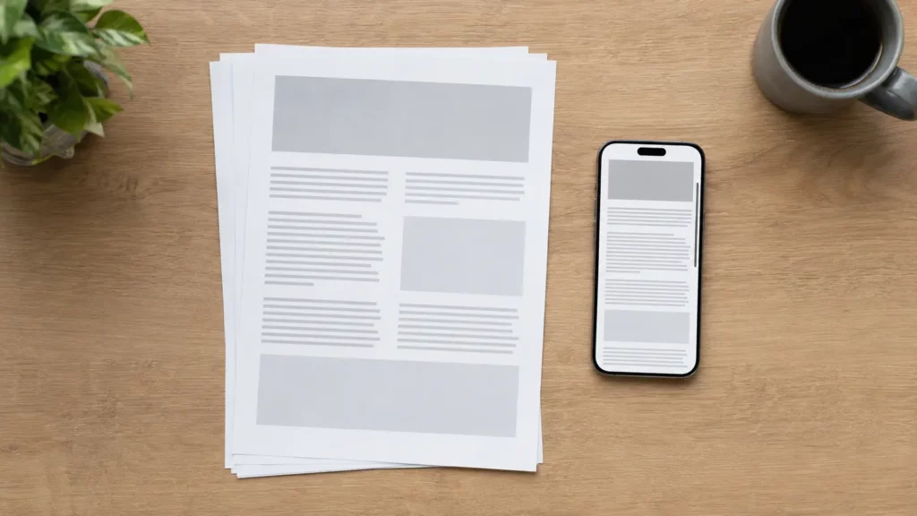Comparação visual entre documento PDF e captura de tela longa.