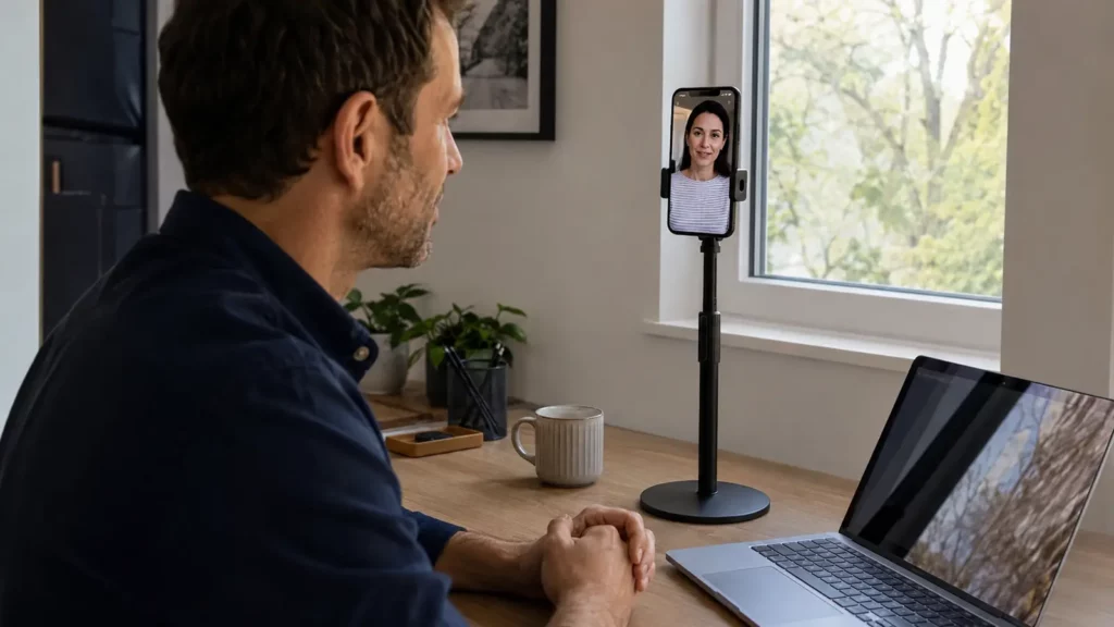 Celular fica em suporte firme na altura dos olhos com luz frontal.