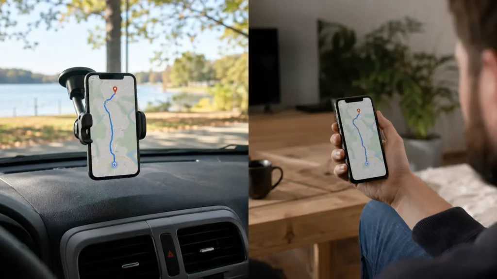 Rota em celular representa compartilhar localização no Google Maps em progresso de uma viagem.