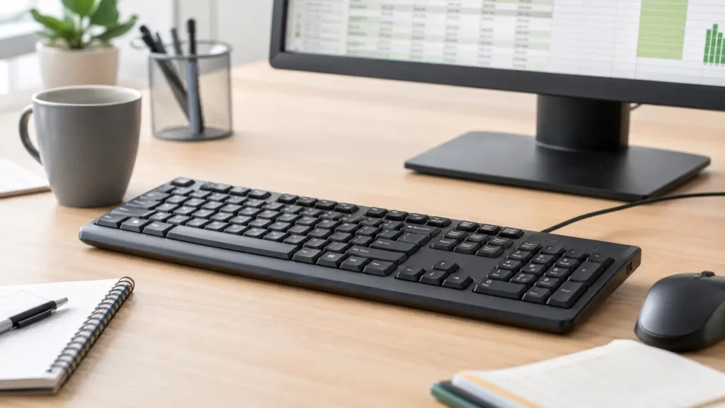 Teclado completo com bloco numérico é usado em uma planilha.