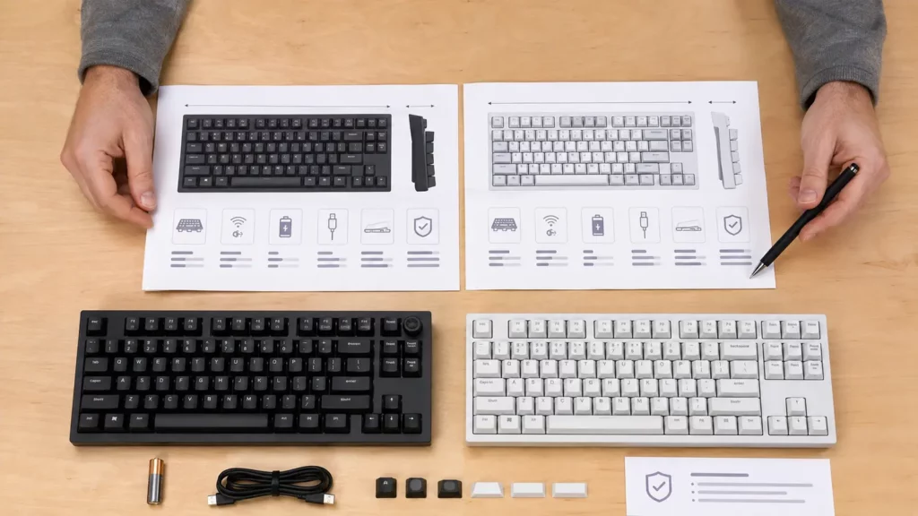 Comprador confere dimensões, layout, conexão e garantia do teclado.