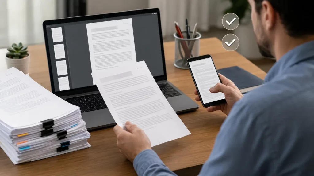 Documento digitalizado é comparado com as folhas originais antes do envio.