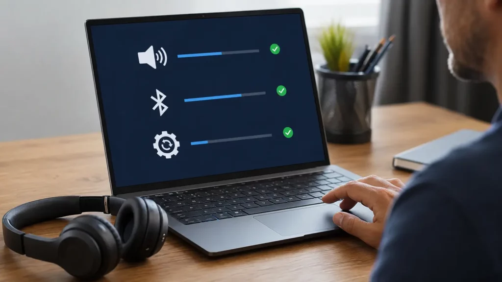 Usuário verifica saída de áudio e driver Bluetooth no notebook.