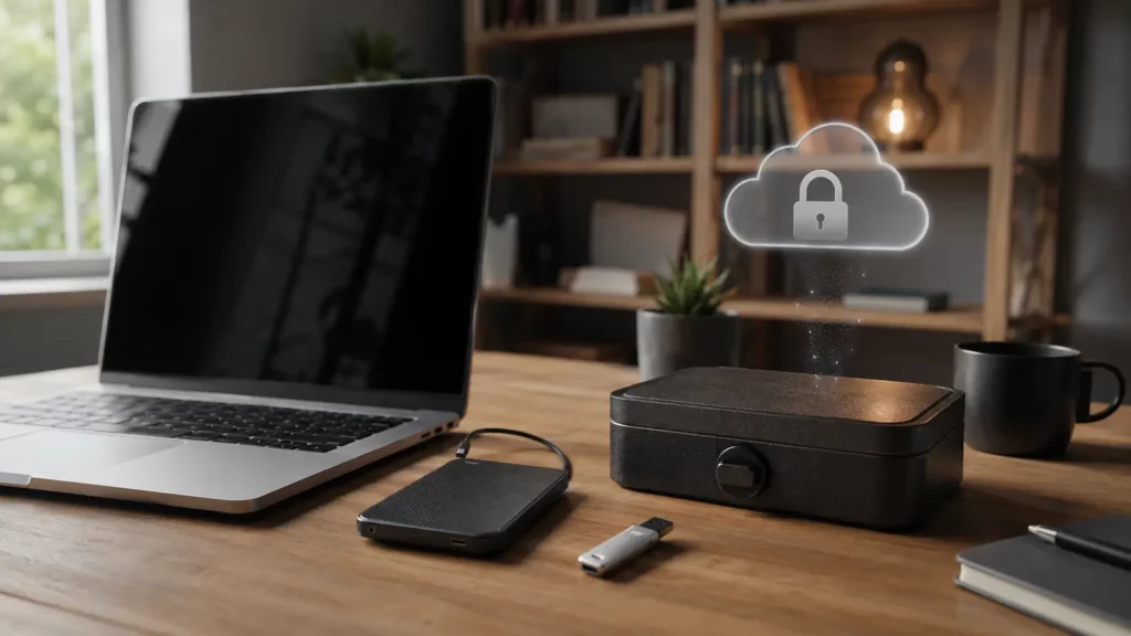 Notebook, SSD externo e nuvem representam cópias independentes de backup.