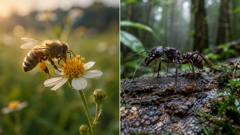 8 animais curiosos do mundo. Abelha coletando néctar em uma flor e formiga-tucandeira caminhando sobre uma árvore na floresta.