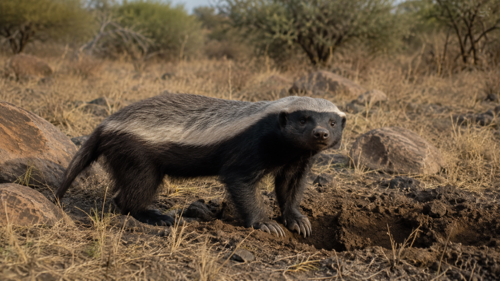 8 animais curiosos do mundo. Texugo-do-mel em posição de alerta sobre terreno seco de uma savana africana.