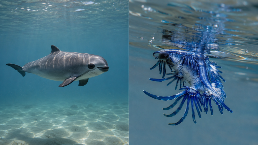 8 animais curiosos do mundo. Vaquita nadando no Golfo da Califórnia e dragão-azul flutuando sob a superfície do oceano.