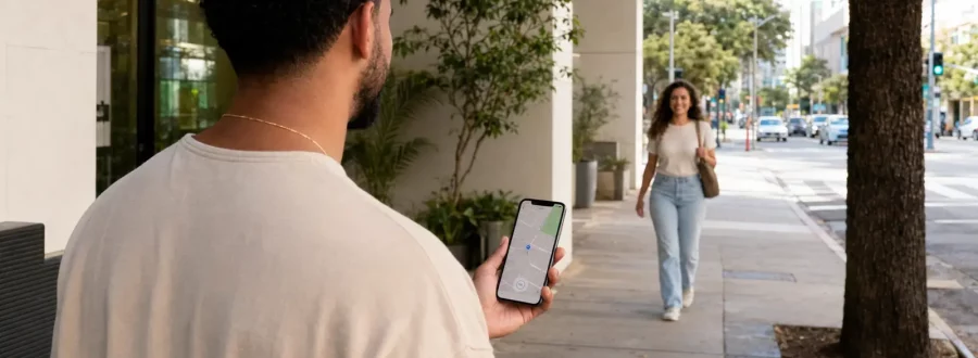 Pessoa compartilha localização temporária pelo celular em uma rua urbana.