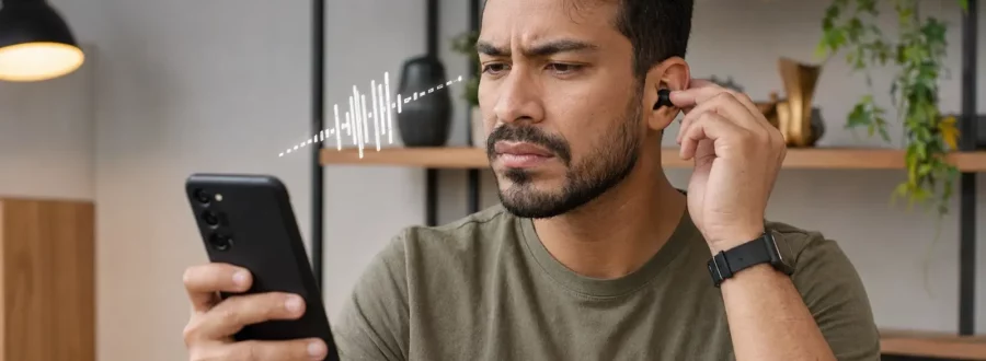 Pessoa percebe falhas de áudio em um fone Bluetooth conectado ao celular.