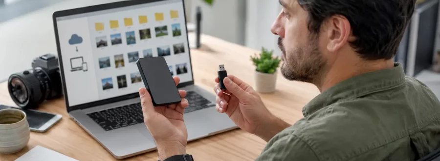 Pessoa compara SSD externo e pendrive para escolher uma mídia de backup.