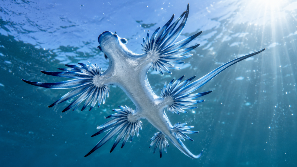 Dragão-azul visto por baixo enquanto flutua junto à superfície iluminada do oceano.
