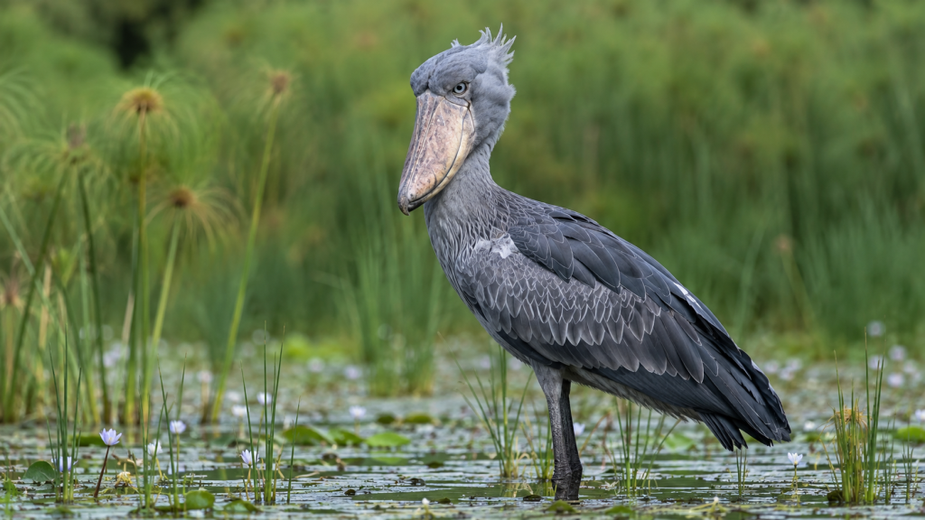 Bico-de-sapato adulto de plumagem cinza em área alagada com papiros e vegetação aquática.