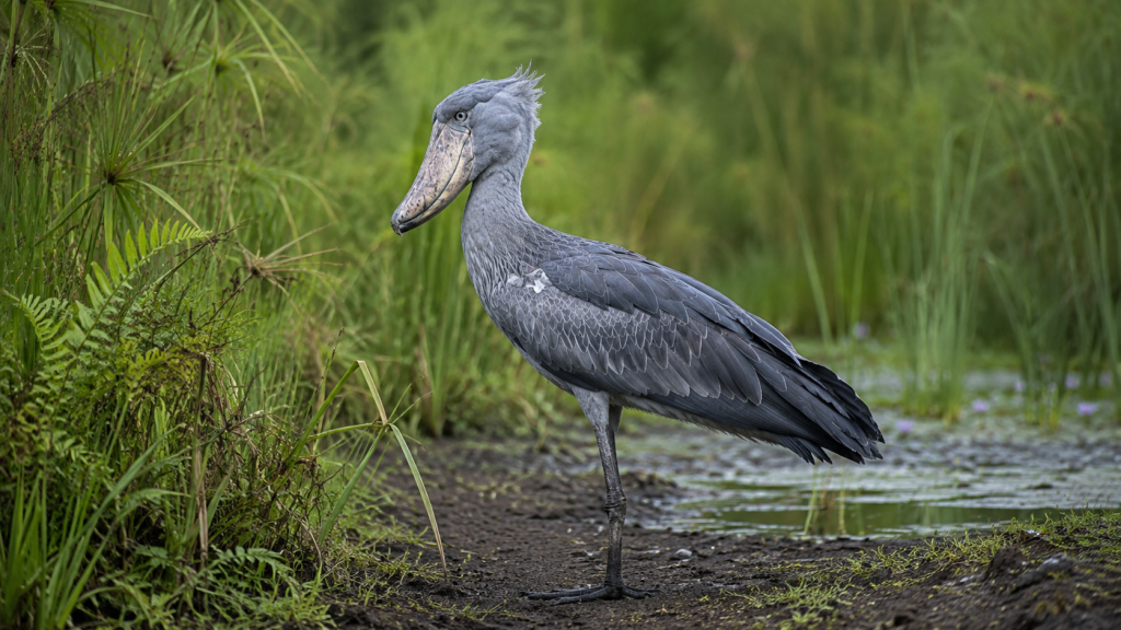 Bico-de-sapato sozinho na margem de uma grande zona úmida africana.