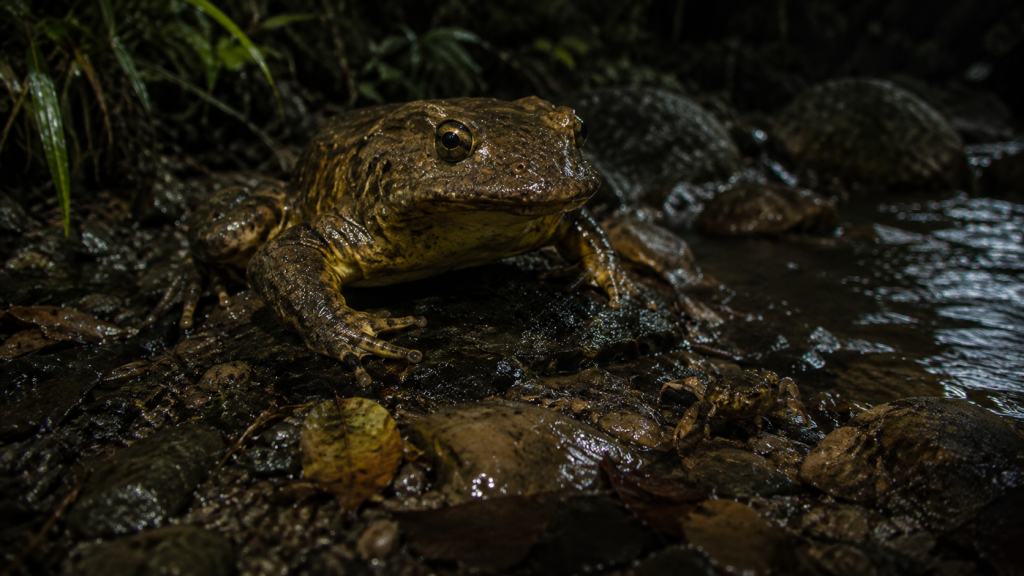 Sapo-golias próximo a pequeno crustáceo entre pedras molhadas na margem de um riacho.