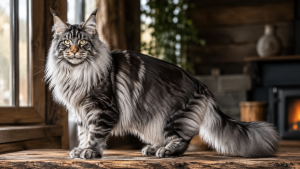 Gato Maine Coon adulto de pelagem longa sobre superfície de madeira