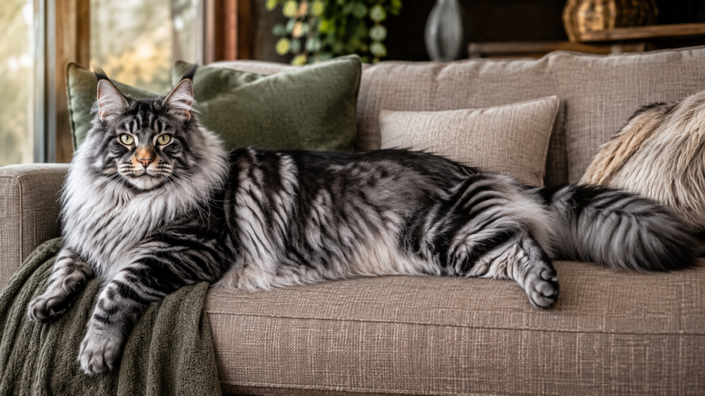 Maine Coon adulto deitado em sofá mostrando o grande tamanho e a cauda longa