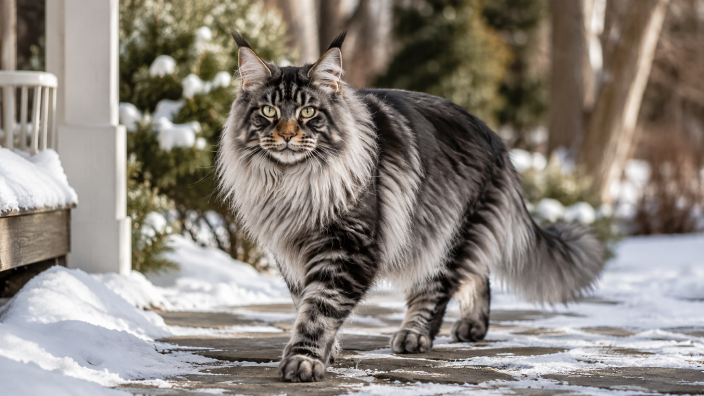 Maine Coon caminhando sobre caminho com neve em ambiente de inverno