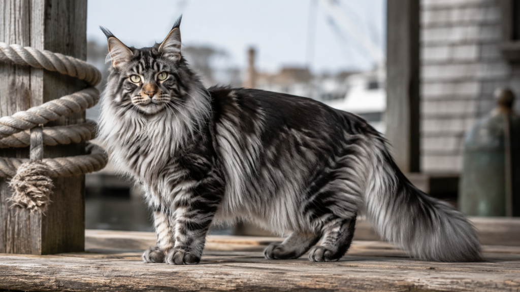 Maine Coon em cais de madeira com cordas e ambiente marítimo ao fundo