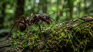 Representação de formiga-tucandeira sobre tronco coberto de musgo em floresta tropical
