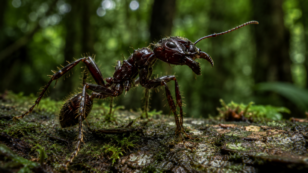 Formiga-tucandeira em posição defensiva sobre tronco na floresta tropical