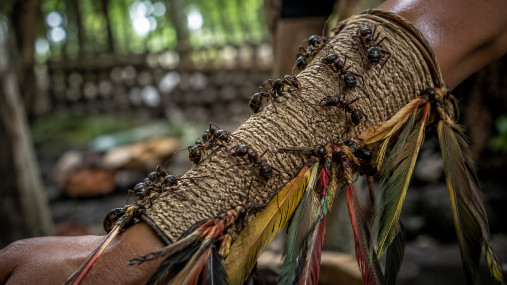 Representação de luva tradicional com tucandeiras utilizada em ritual Sateré-Mawé