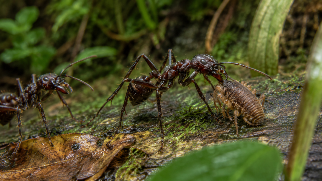 Formigas-tucandeiras carregando pequeno artrópode em ambiente de floresta tropical