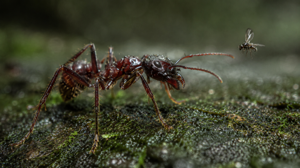 Representação de formiga-tucandeira com pequena mosca forídea próxima