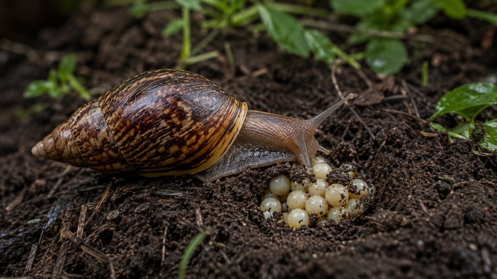 Caramujo-gigante-africano próximo a ovos depositados no solo úmido