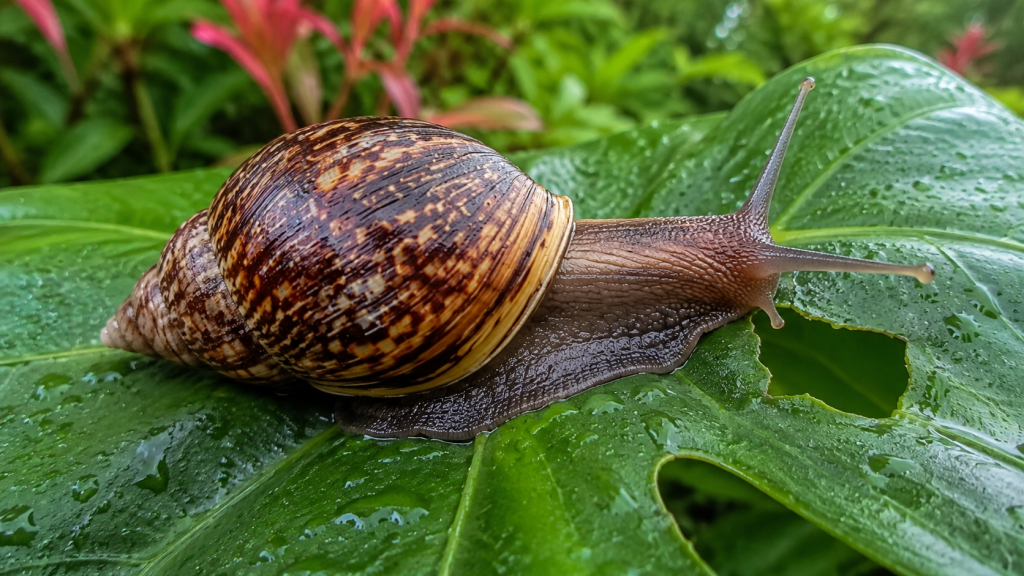 Caramujo-gigante-africano alimentando-se de uma folha verde em jardim úmido