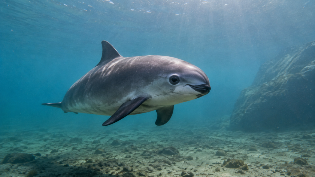 Representação de vaquita nadando nas águas do Golfo da Califórnia